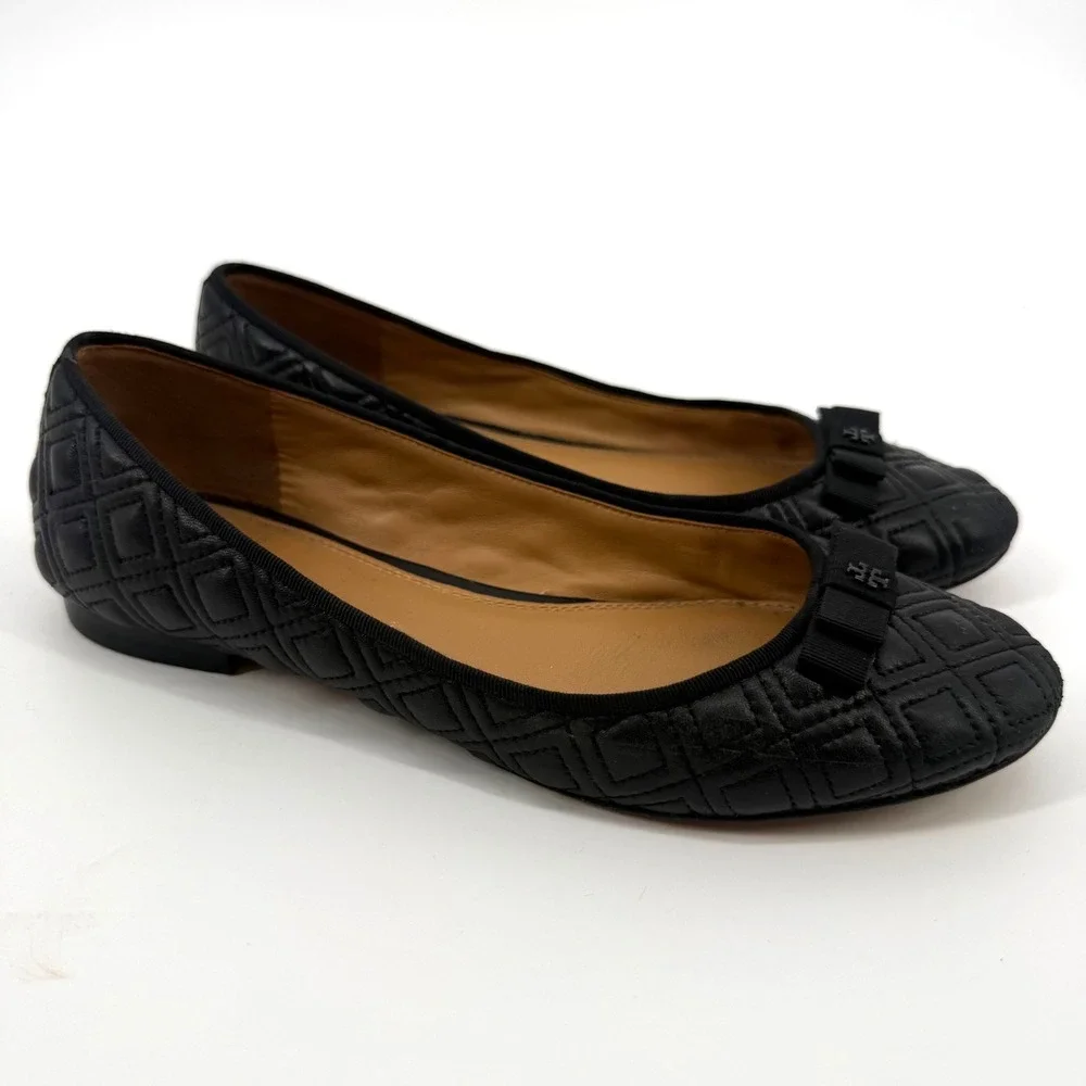 Tory Burch Marion 7.5M Quilted Leather Ballet Flats Bow Black Round Toe Minimal
